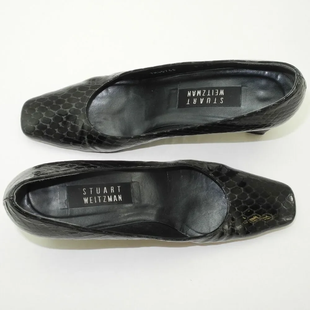 Stuart Weitzman Pumps Women's 8.5 Narrow Black Embossed Reptile Patent Leather